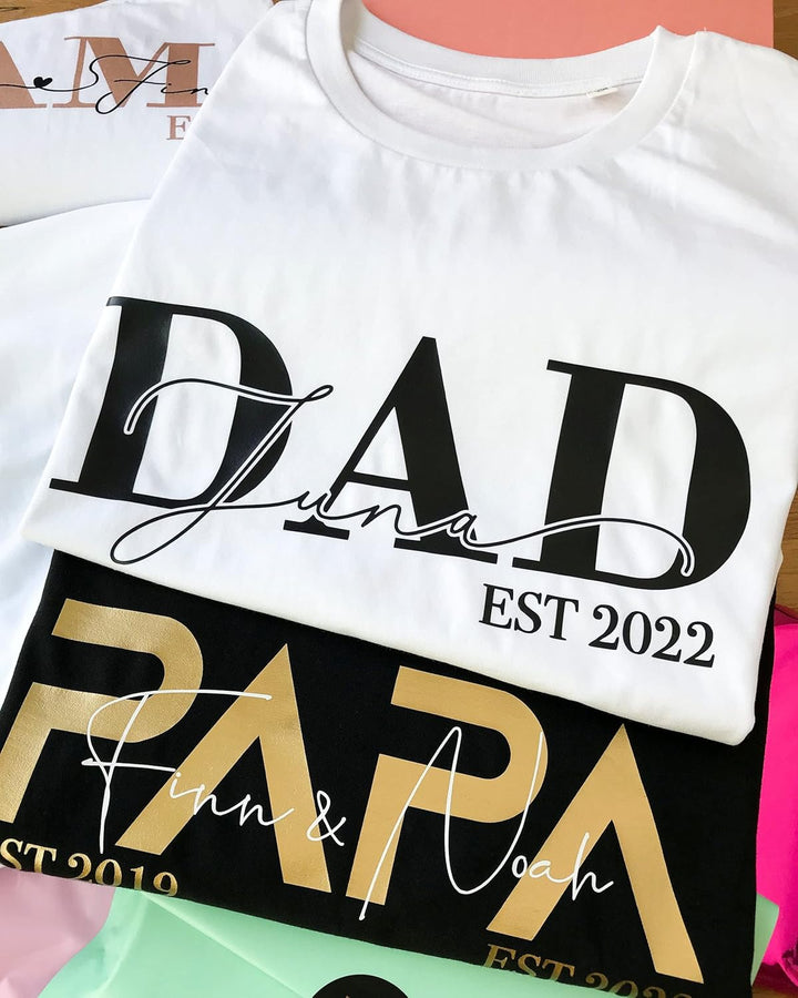 MAMAHUHU Personalisierte Bio T-Shirts Pullover für Familien Mama Papa Kinder Oma Opa, handbedruckt m