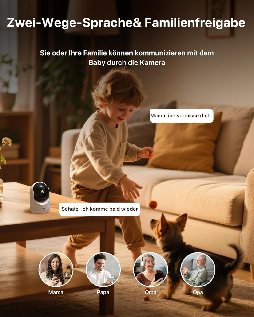 Tenda 3MP WLAN Innenkamera Überwachung, Haustierkamera mit 2-Wege-Audio, Nachtsicht 12M, Bewegungs-P