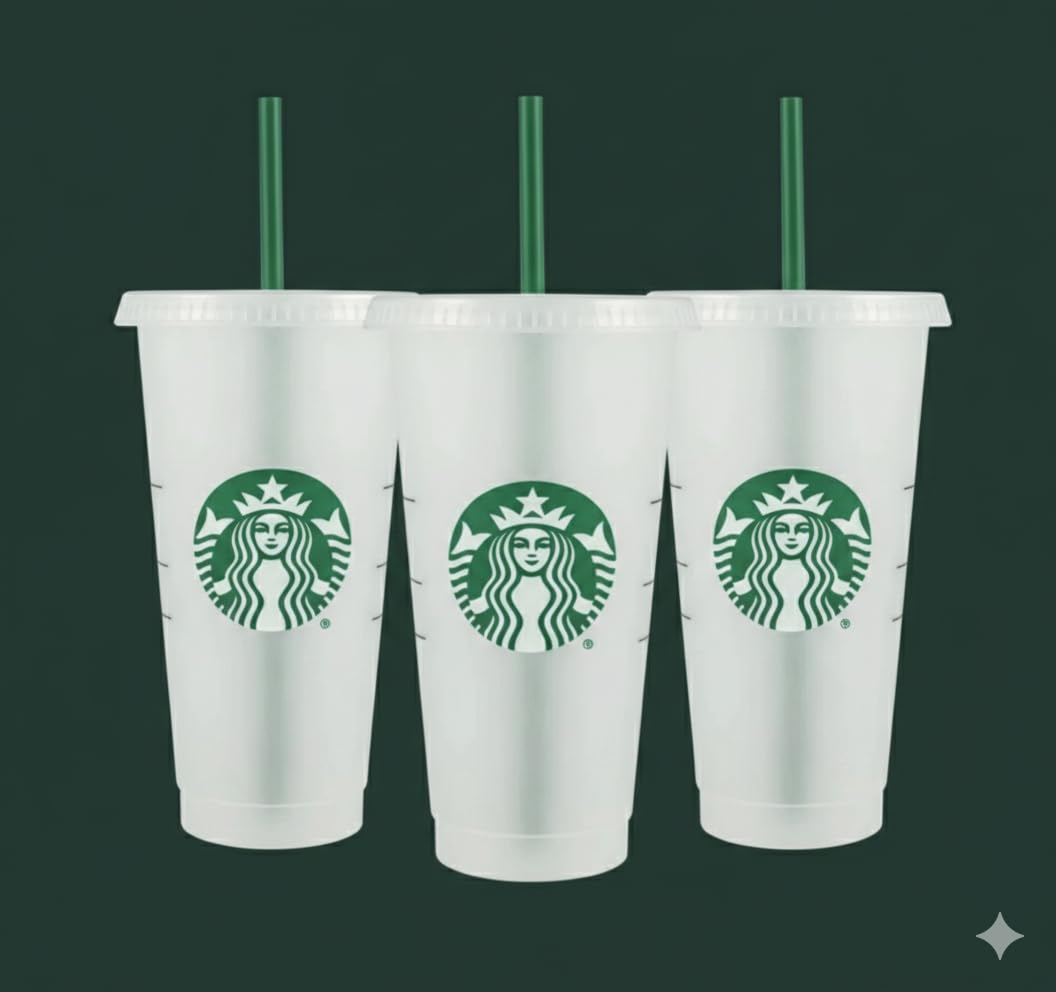 Starbucks Wiederverwendbare Trinkbecher aus Hartplastik, 680 ml, mit Deckel und grünem Strohhalm mit
