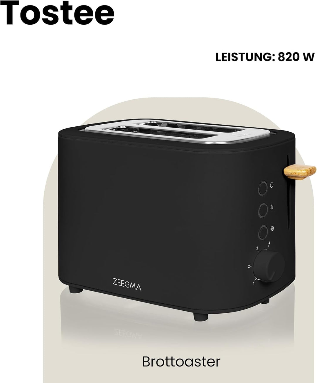 ZEEGMA TOSTEE 2-Scheiben-Toaster, Leistung 820 W, Auftau-, Aufwärm- und Stoppmodus, Krümelfach, Zeit