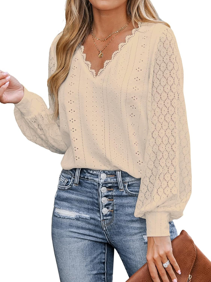 CUPSHE Damen Blusen V-Ausschnitt Spitzen Wellenkante Puffärmel Langarmshirt Lässige Lace Oberteile T