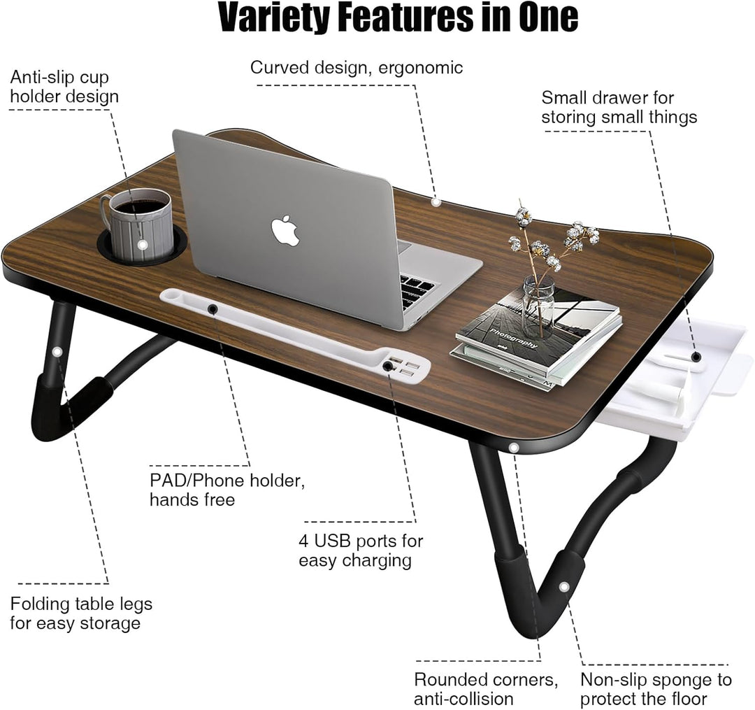 A3A ACADGQ Laptoptisch, Laptop Betttisch Klappbar, Bett Tisch mit 4 USB Ladeanschluss, Schublade, Ta