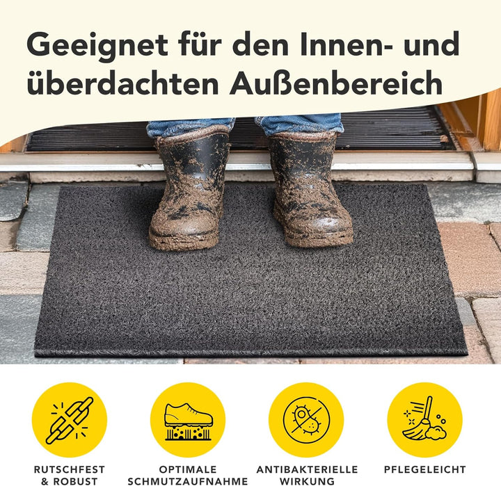Floordirekt Fussmatte für Innen und Aussen, 80x100 cm Grau, Türmatte aus Kokos, Schmutzfangmatte für