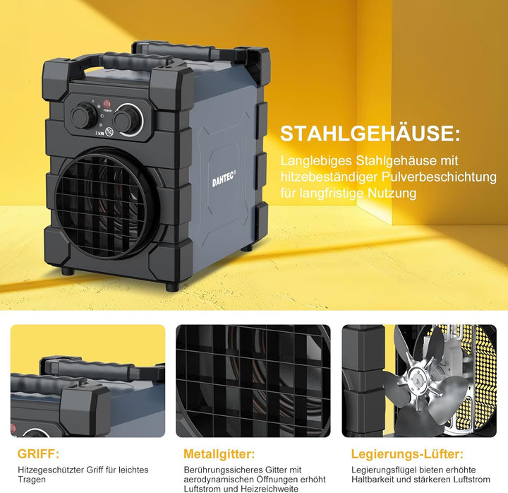 Professioneller Heizlüfter mit Schwerem Stahlgehäuse 3000 Watt Bauheizer Elektroheizer Bautrockner f
