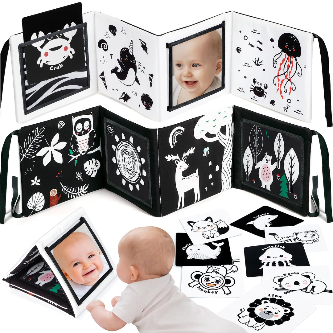 URMYWO Kontrastkarten Baby, Schwarz Weiss Doppelseitig Baby Stoffbuch, Kontrastbuch für Neugeborene