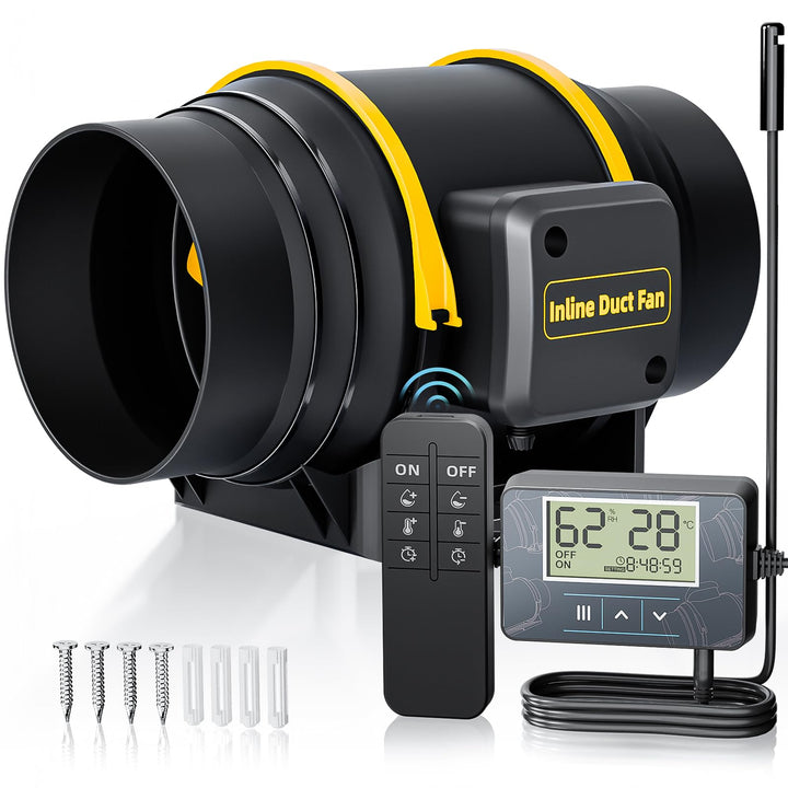 150mm Rohrventilator mit Fernbedienung, Timer Temperatur - und Feuchtigkeitsregler, Leise Rohrlüfter