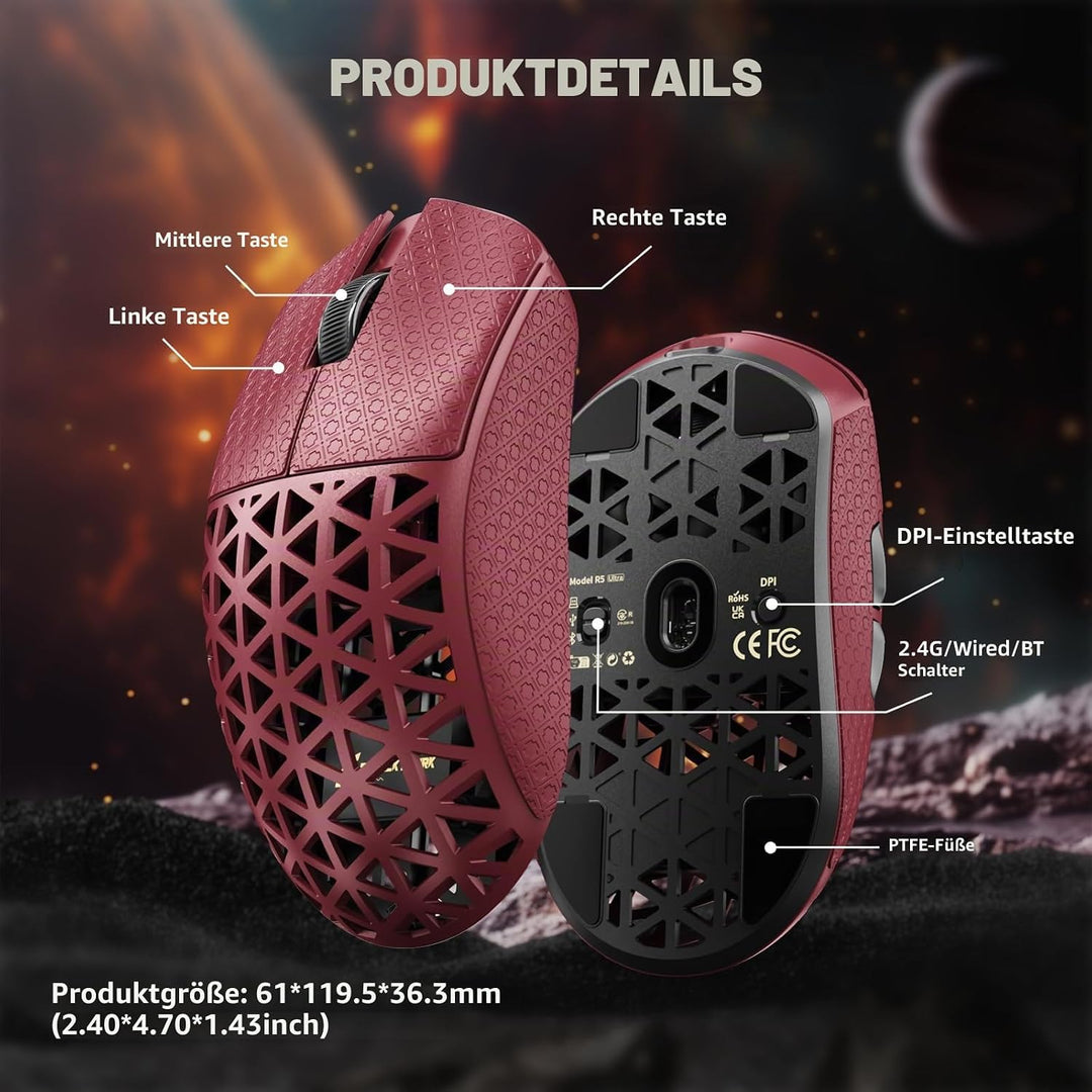 ATTACK SHARK R5 Ultra Carbonfaser HyperSpeed Kabellose Gaming-Maus, 39g Ultraleichte Maus mit Gripta