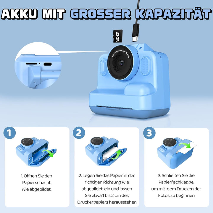 Sofortbildkamera Kinder, 1080P Kinderkamera Sofortbildkamera mit 180° Klappobjektiv, 2" Kinderkamera