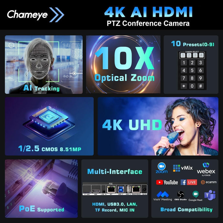 Chameye 4K PTZ Kamera mit KI-Auto-Tracking 10x Optischer Zoom, Konferenzkamera 4K mit HDMI, LAN(PoE)