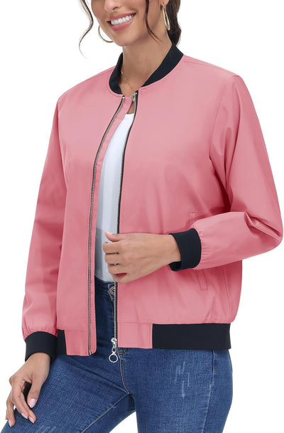 TACVASEN Damen Leicht Bomberjacke Casual College Jacket Sommer Fliegerjacke Sweatjacke M Rosa, M Ros