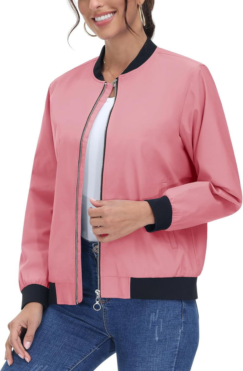 TACVASEN Damen Leicht Bomberjacke Casual College Jacket Sommer Fliegerjacke Sweatjacke M Rosa, M Ros