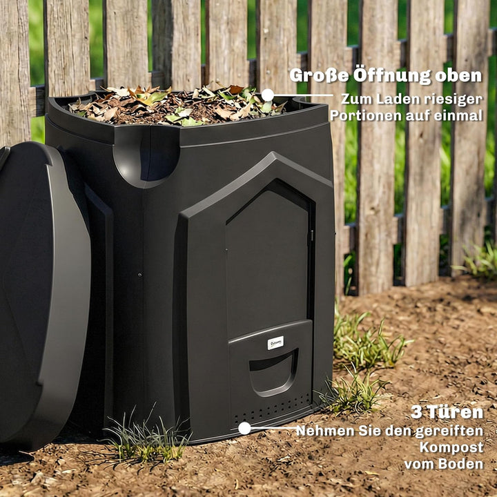 Outsunny Gartenkomposter, 240L, 78 x 75 x 78 cm Dreieckiger Kompostbehälter mit 3 Türen, 66 Lüftungs