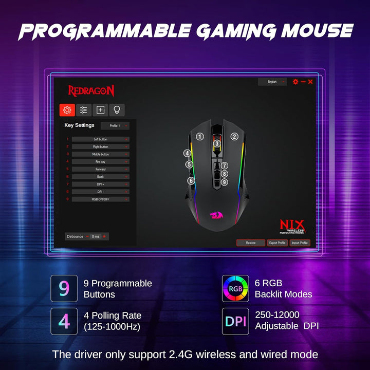 Redragon Gaming Maus Kabellose,RGB 2.4G/USB-C/Bluetooth Maus,Wiederaufladbare mit 9 Programmierbare