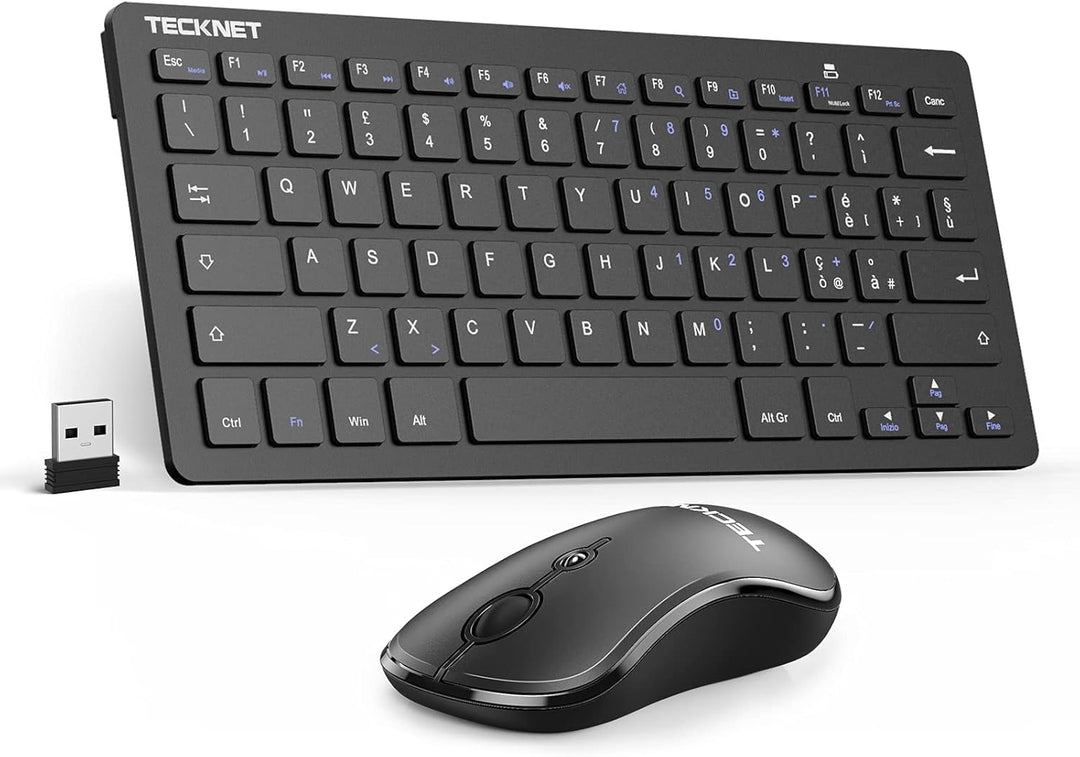 TECKNET Italienische QWERTY-Tastatur und Maus, 2.4G kabellose Tastatur und leise Maus mit Nano-USB-E