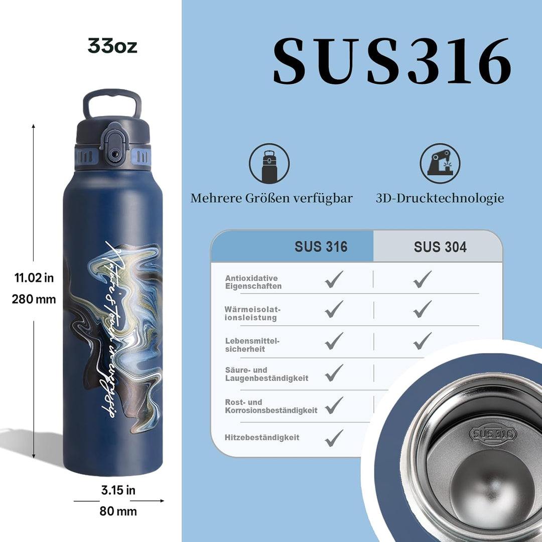 UZSPACE Edelstahl Trinkflasche 1l (970ml), Isolierte Thermosflasche mit 1-Klick-Öffnung, 100% Auslau