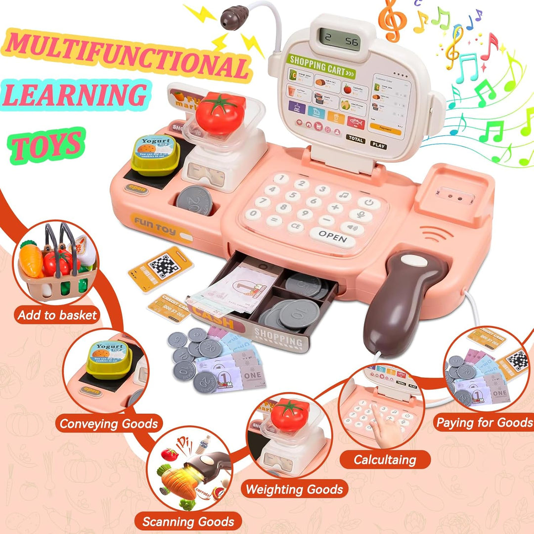 Kinder Spielkasse mit Scanner und Sound, Kaufladen-Spielzeugkasse, 72 Zubehör (Rechner, POS, Spielge