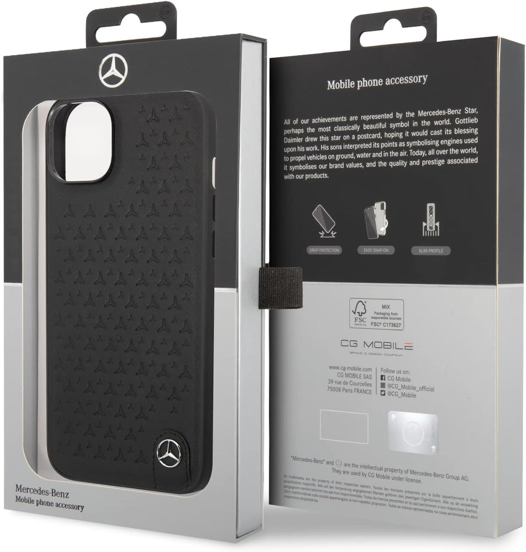 CG MOBILE Mercedes-Benz Schutzhülle für iPhone 14 Max (echtes Leder, mit Sternmuster) Schwarz