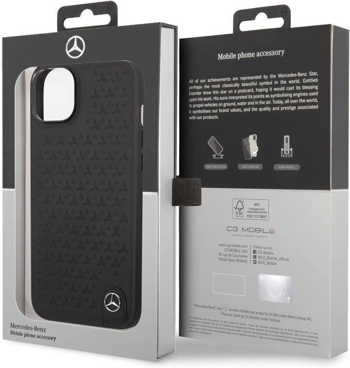 CG MOBILE Mercedes-Benz Schutzhülle für iPhone 14 Max (echtes Leder, mit Sternmuster) Schwarz
