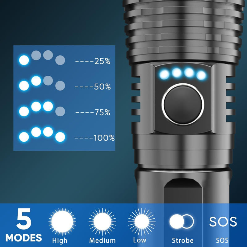LED Taschenlampe Wiederaufladbare USB 2 Stück, Extrem Hell 90000 Lumens XHP70.2 Zoombar Wasserdicht