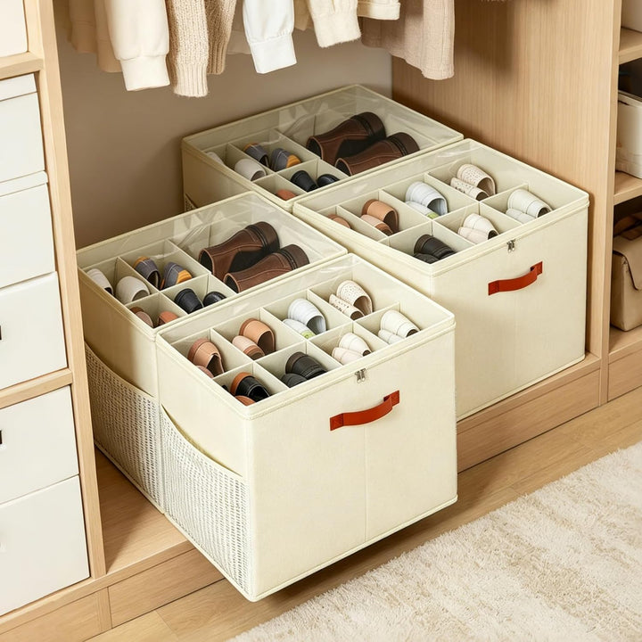 4er-Set Schuh-Organizer, Faltbare Stoff-Schuhkisten mit Griff, Aufbewahrungsbox für den Schrank, für