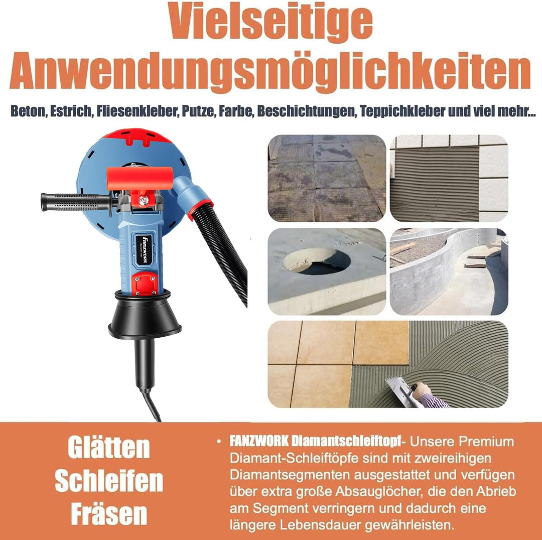 FANZWORK 2100W / 180mm Betonschleifer Betonfräse Set, inkl. Premium 180mm Diamantschleiftopf *2, Abs