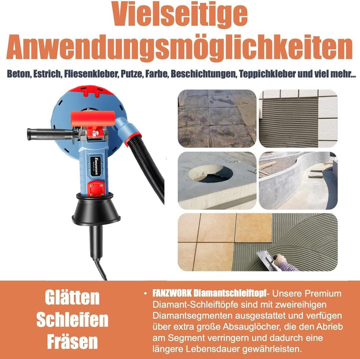 FANZWORK 2100W / 180mm Betonschleifer Betonfräse Set, inkl. Premium 180mm Diamantschleiftopf *2, Abs
