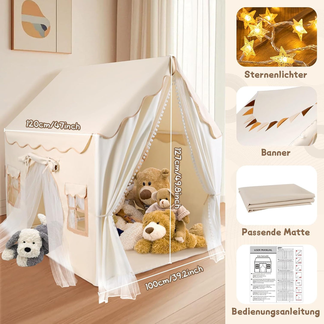 Herenear Kinderzelt mit 2 Eingängen, Spielzelt Kinder Indoor mit Lichtern und Zeltunterlage, Spielha