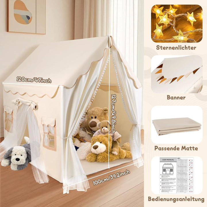 Herenear Kinderzelt mit 2 Eingängen, Spielzelt Kinder Indoor mit Lichtern und Zeltunterlage, Spielha