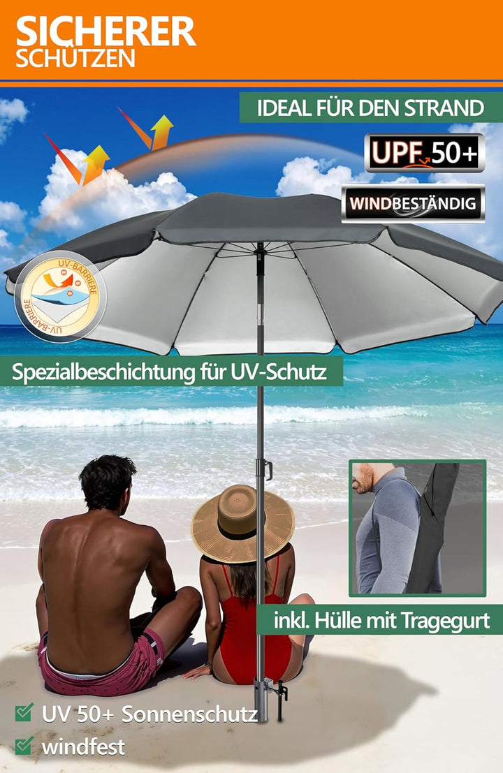 4smile Sonnenschirm Strand 3-IN-1-SET, Ø180 cm Strandschirm windfest stabil + Schutzhülle + Eindrehb