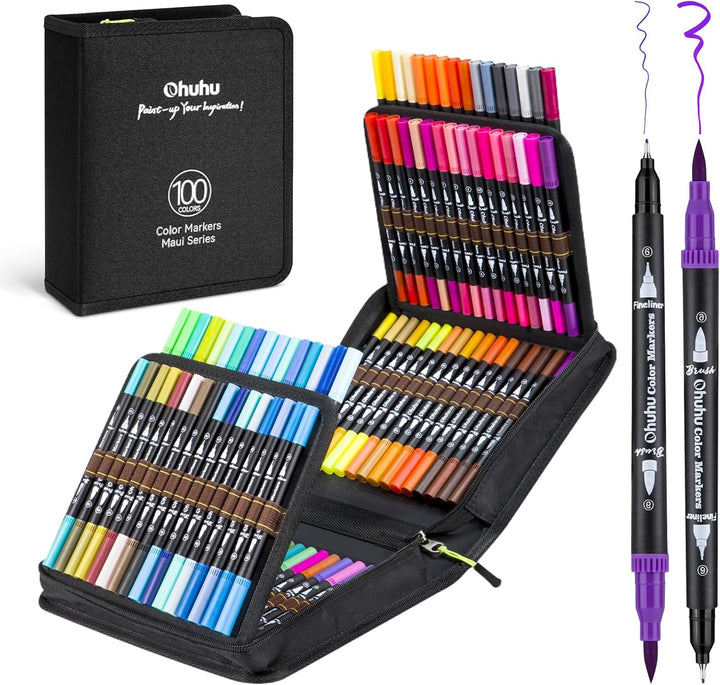 Ohuhu Filzstifte 100 Farben, Dual Brush Pen Pinselstifte Aquarell Marker Stifte Set für Kind und Erw