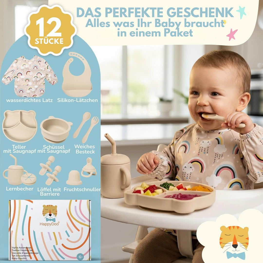 Baby Geschirrset | 12 Stücke | Baby Teller Set | Baby Geschirrset mit Saugnapf | Baby Geschirr | BPA