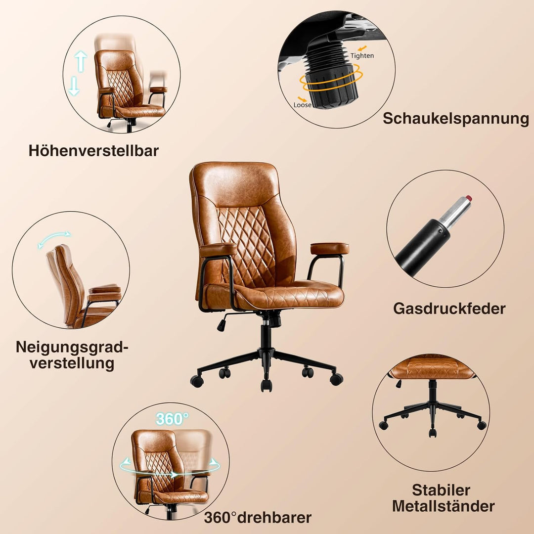 Bürostuhl Ergonomisch, PU Leder Chefsessel, Schreibtischstuhl Computerstuhl mit Hoher Rückenlehne, G
