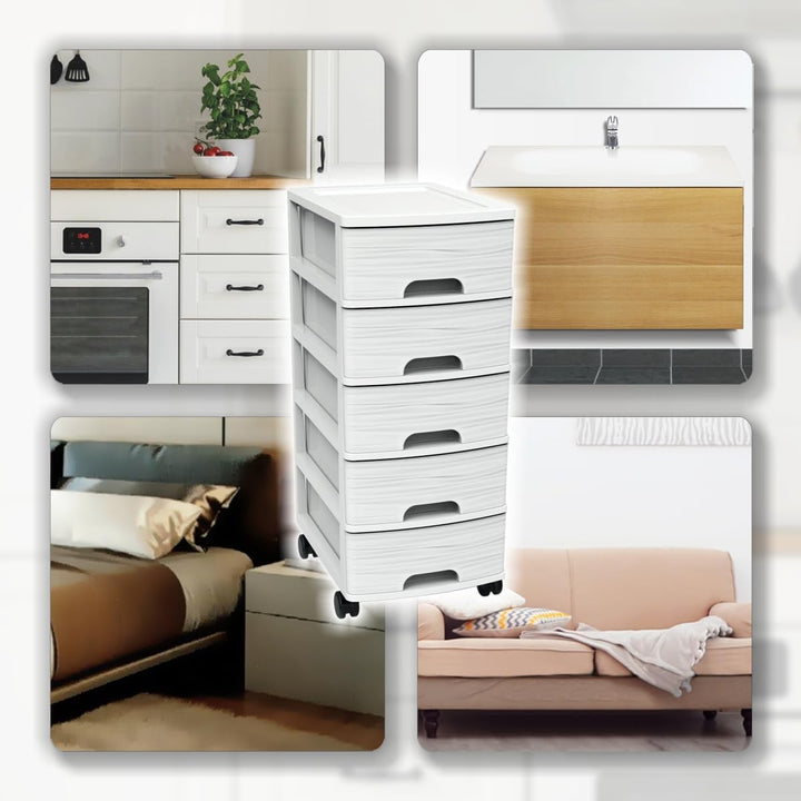 Schubladenschrank mit Rollen Rollcontainer mit 5 Schubladen Rollschrank aus Kunststoff Rollwagen (We