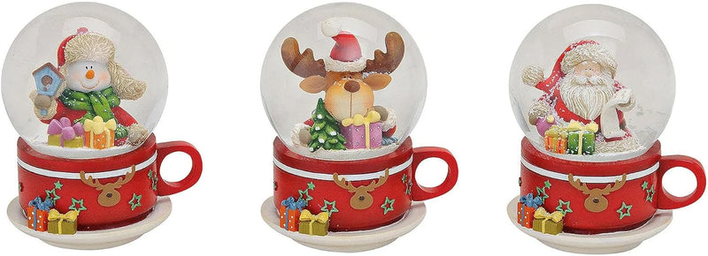 3 Stück Schneekugel Weihnachten Rentier Schneemann und Nikolaus in Tasse Deko Figuren 5x7x5 cm