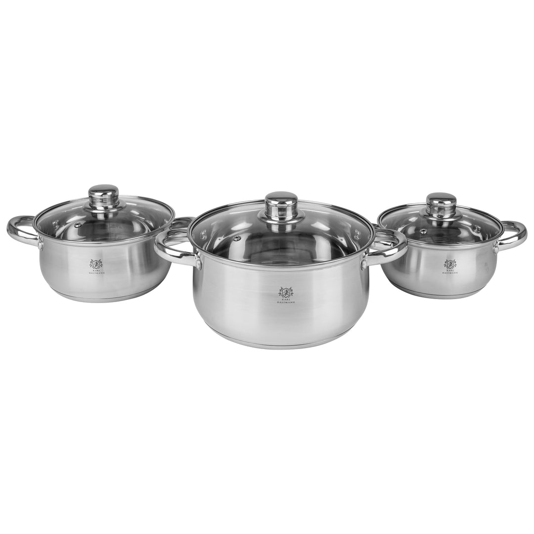 Topfset Induktion 3-teilig, Kochtopf Set mit Glasdeckel, Edelstahl mattiert, Induktions Töpfe Set un