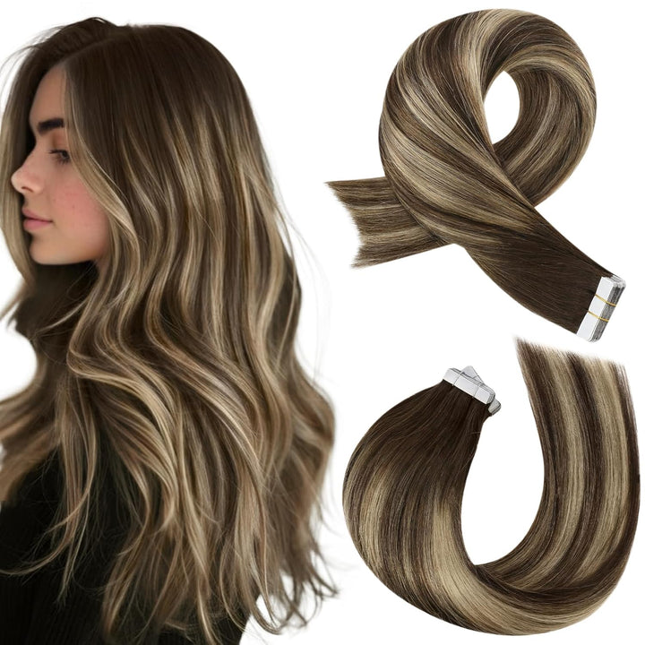 Moresoo Tape in Extensions Echthaar Balayage Braun Tape Extensions Echthaar Haarverlängerung 45 cm D