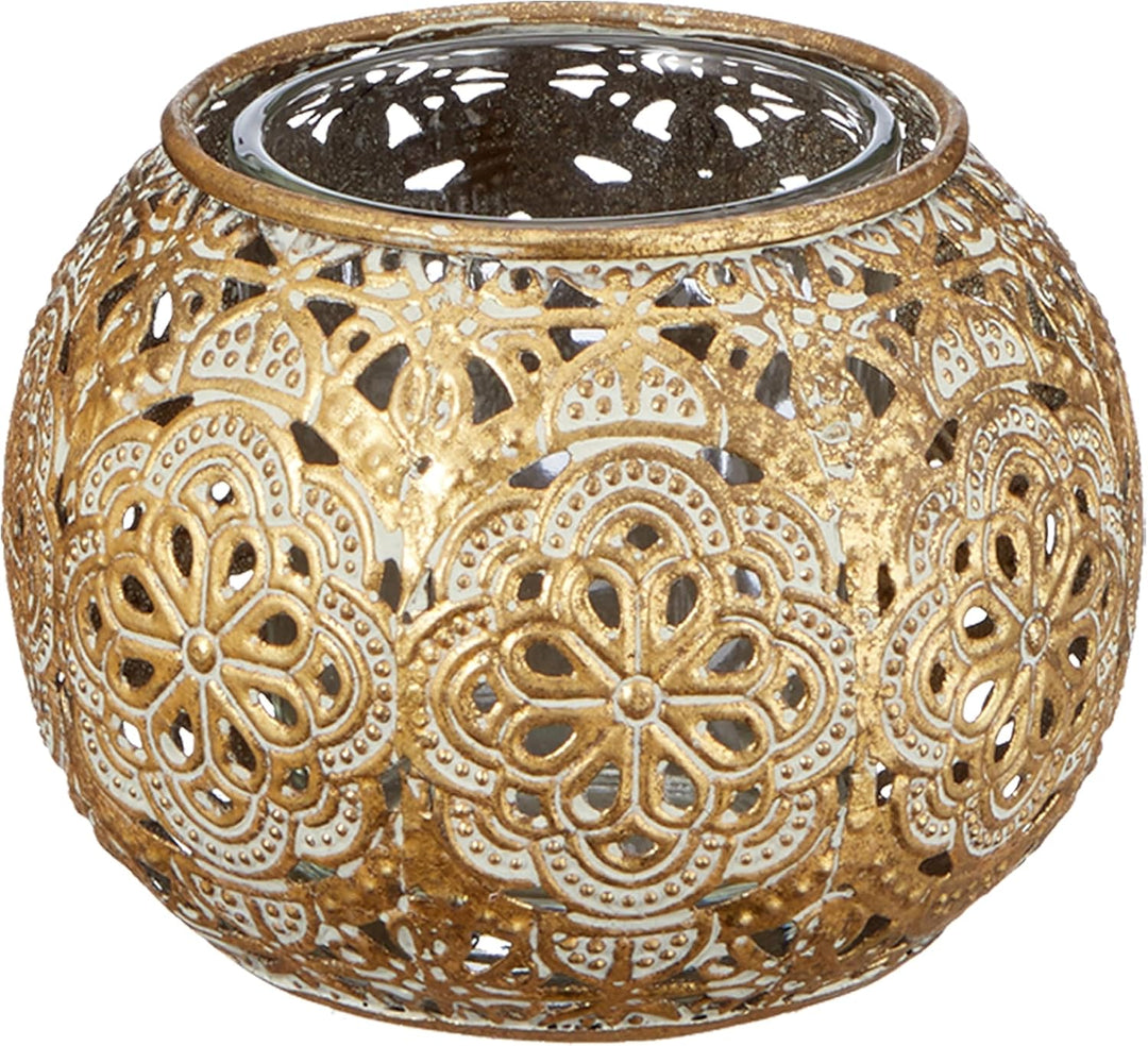 Windlicht 3er Set Mandala-Design │ Glas Metall 9x7cm Gold weiss │ Glaseinsatz für Kerze Teelicht (1
