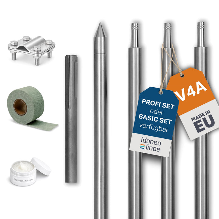 Tiefenerder Set V4A Edelstahl – Erdungsstab/Erdungsspiess mit Anschlussklemme &amp; Schlagspitze – Basic