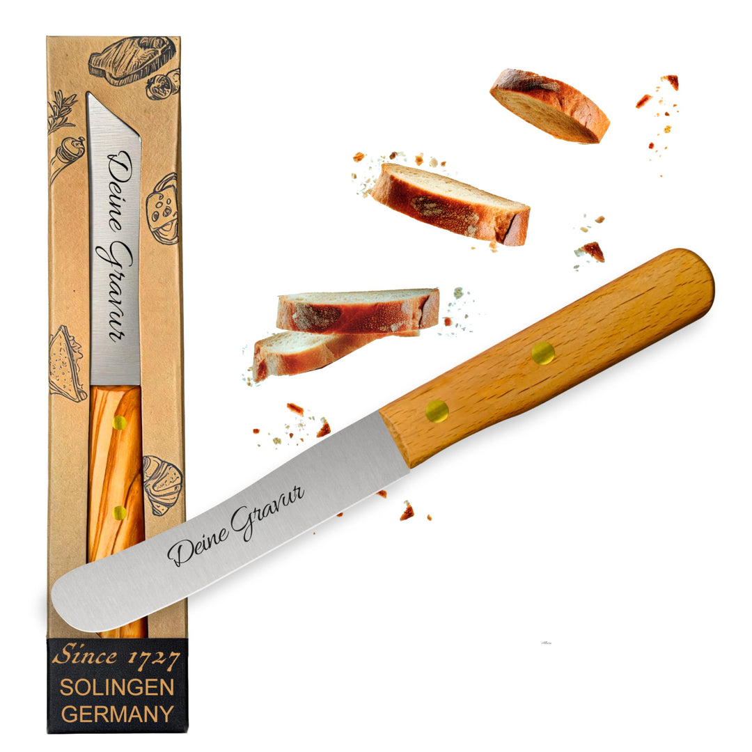 Personalisiertes Frühstücksmesser Solingen mit Holzgriff (Buche, 1x Glattschliff) Buche 1x Glattschl