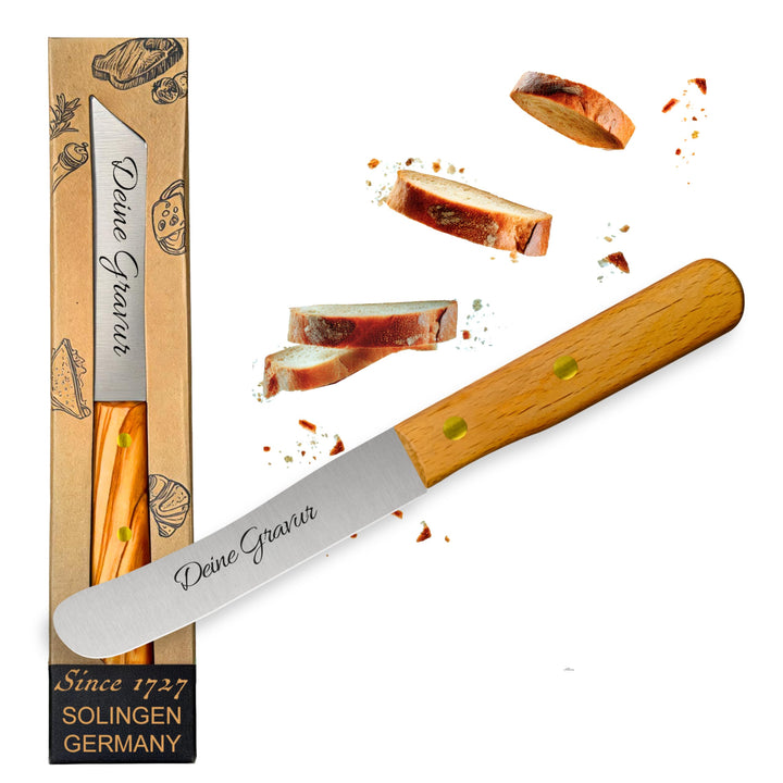 Personalisiertes Frühstücksmesser Solingen mit Holzgriff (Buche, 1x Glattschliff) Buche 1x Glattschl