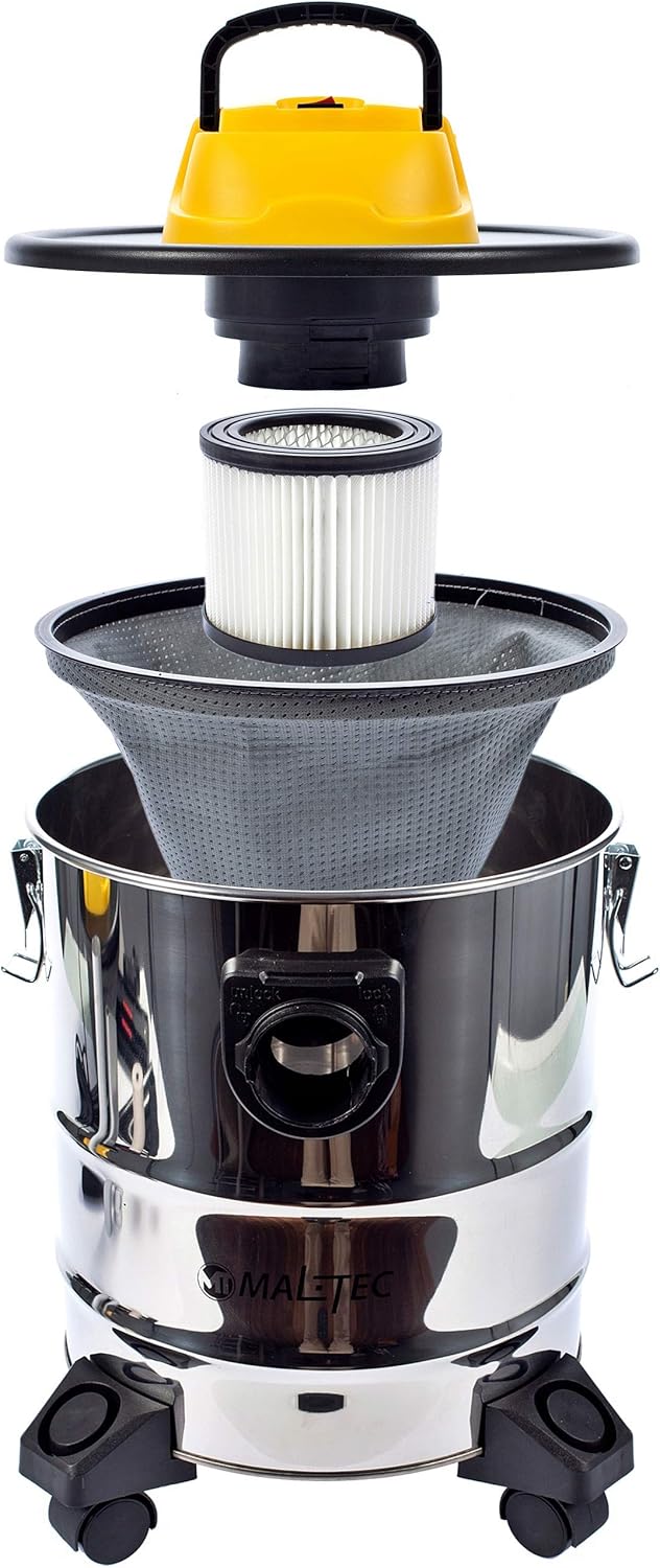 MalTec TurboVac ML2500-ASH-INDUSTRIAL, Kaminsauger, Edelstahl Plastik, Silber Gelb