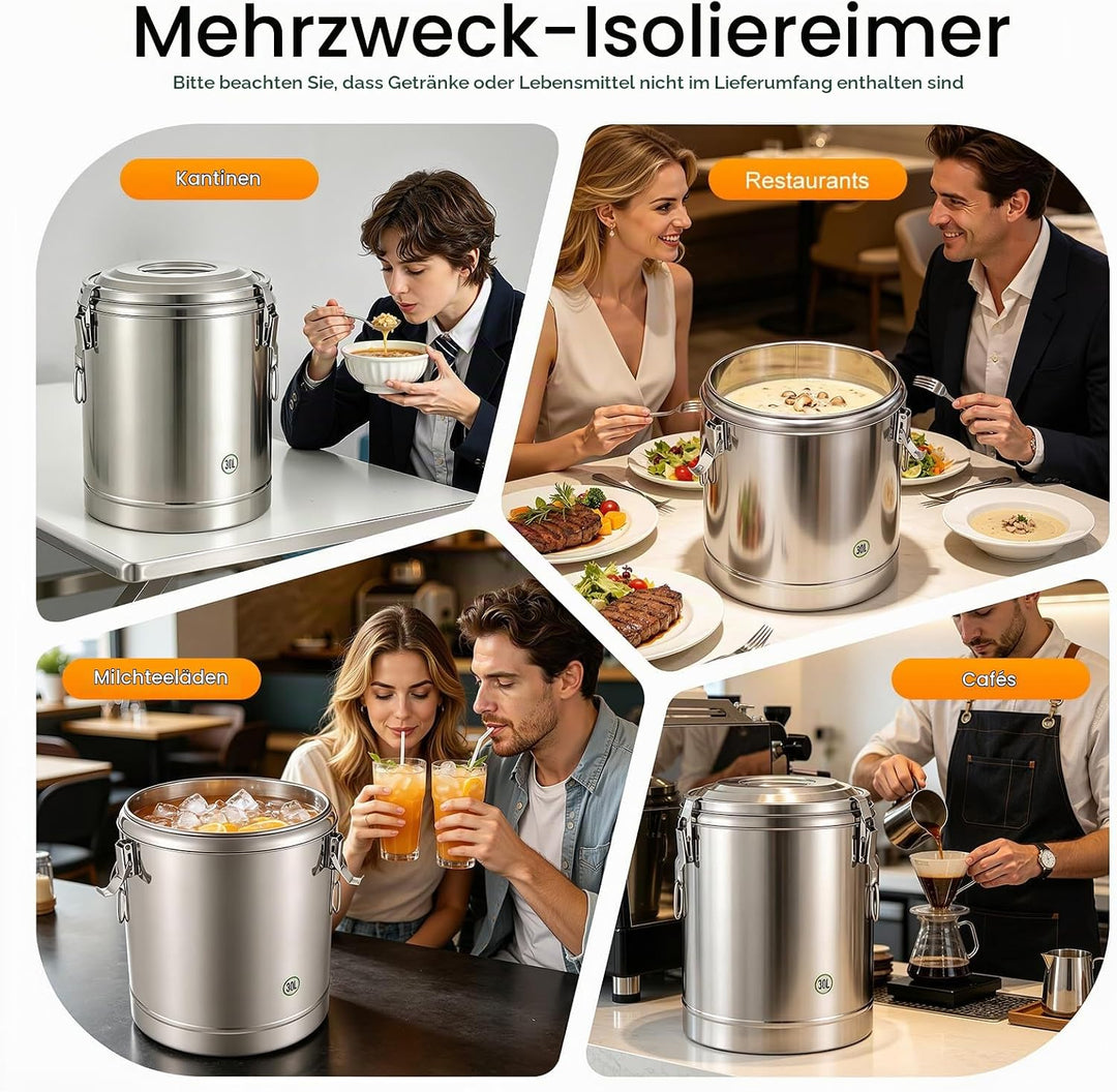 Thermobehälter 30L Edelstahl Isoliert Eimer Thermobox Warmhaltebehälter Suppenbehälter mit Deckel un