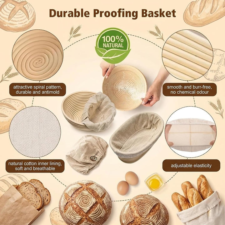 Sauerteig Starter Set mit Gärkörbchen Rund und Oval 2er Set Profi Brotbackset mit Sauerteigglas Teig