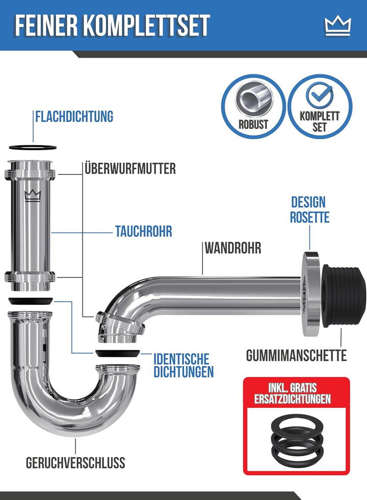 FEINER® - Premium Universal Siphon für Waschbecken Edelstahl, Abflussrohr Tauchrohr 2-12cm höhenvers