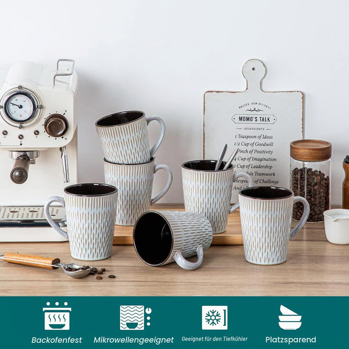 vancasso PLUVO Kaffeetassen set 6er, Tassen Set Steingut, 480ml Kaffeebecher mit Henkel, Espressotas