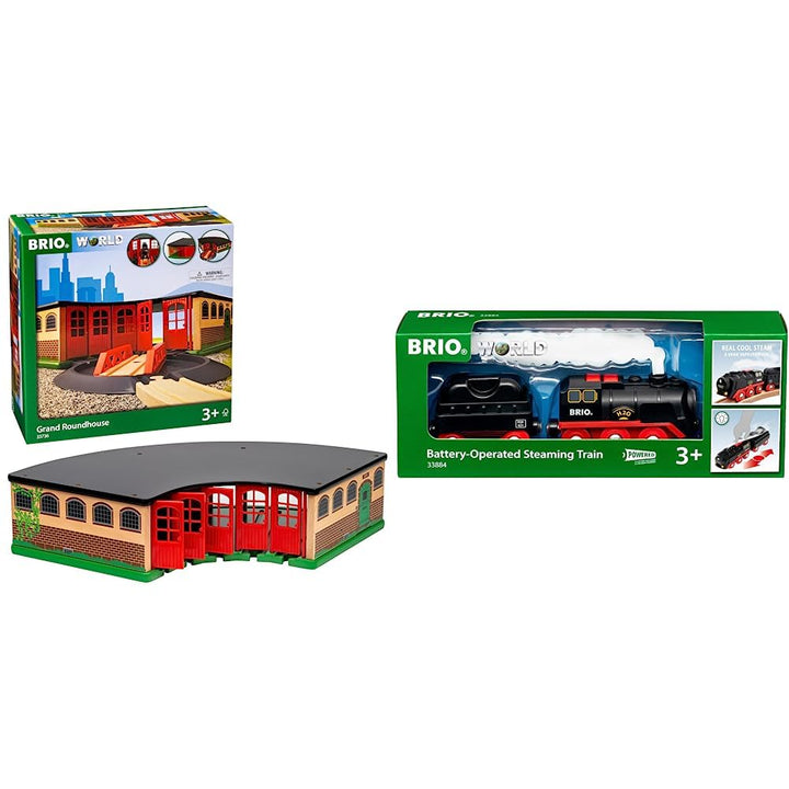 BRIO Eisenbahn Grosser Ringlokschuppen Mit Drehscheibe &amp; World 33884 Batterie-Dampflok mit Wassertan