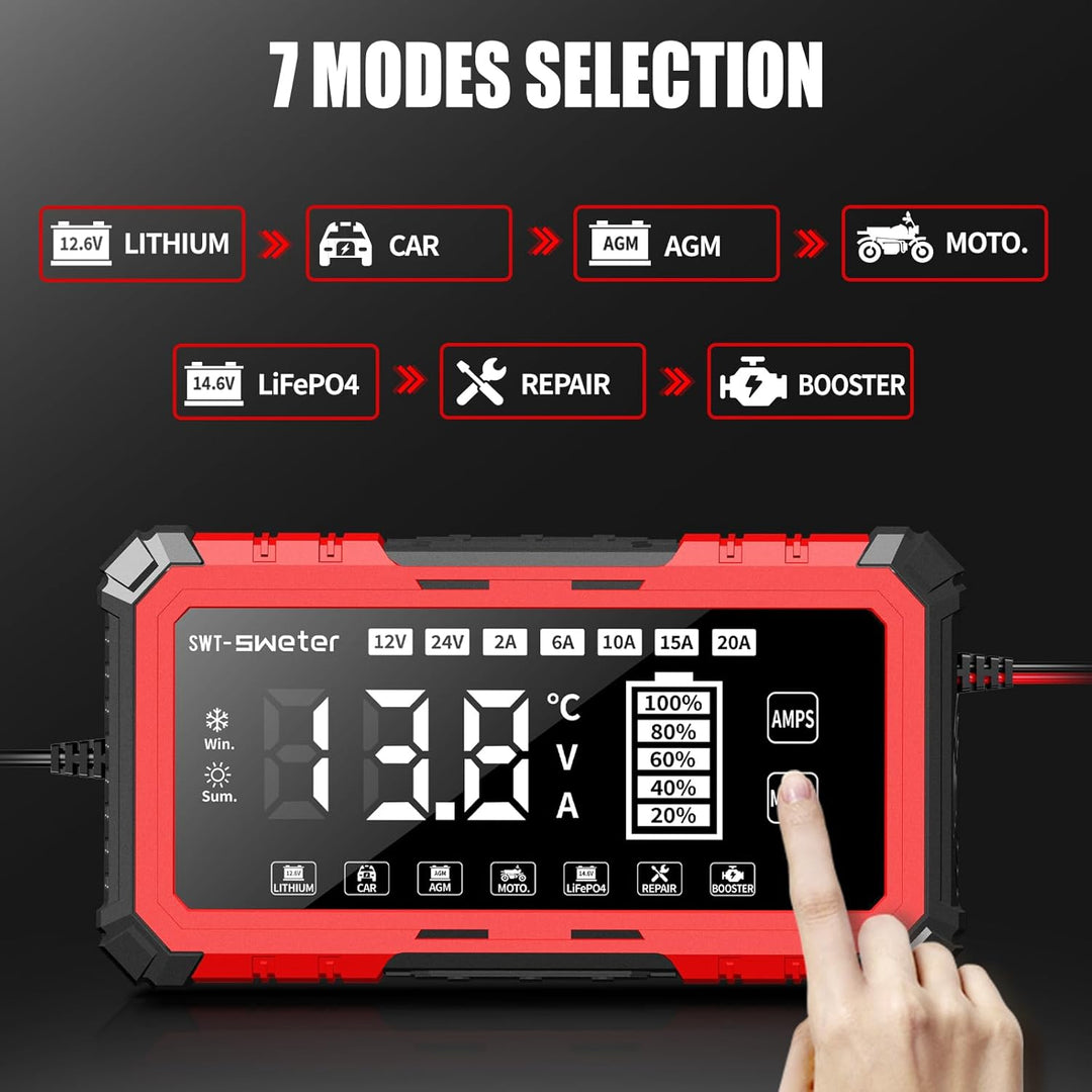 20A Car Battery Charger, 12V/24V Lifepo4 Lead Acid Battery Charger, Upgraded Automobile Smart Trickl