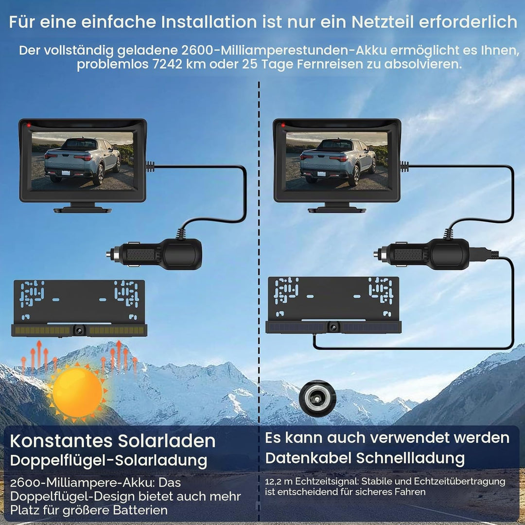 Kabellose Solar-Rückfahrkamera, DIY-Installations-Autokamera mit 4,3 Zoll Bildschirm und 2600 mAh Ak