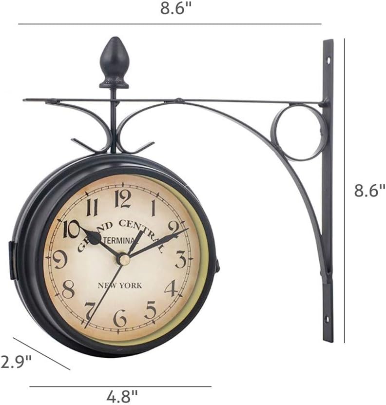 Swsdee Doppelseitige Uhr Garten Zug Bahnhof Wanduhr mit Halterung Doppelseitige Bahnhofsuhr im Retro