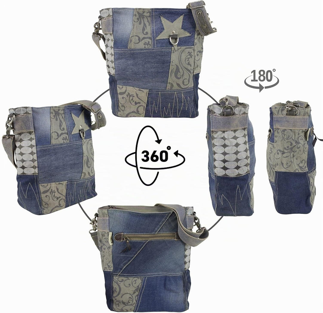 Sunsa Damen Blaue Umhängetasche. Grosse Canvas Schultertasche. Crossbody Bag aus recycelte Jeans. Na